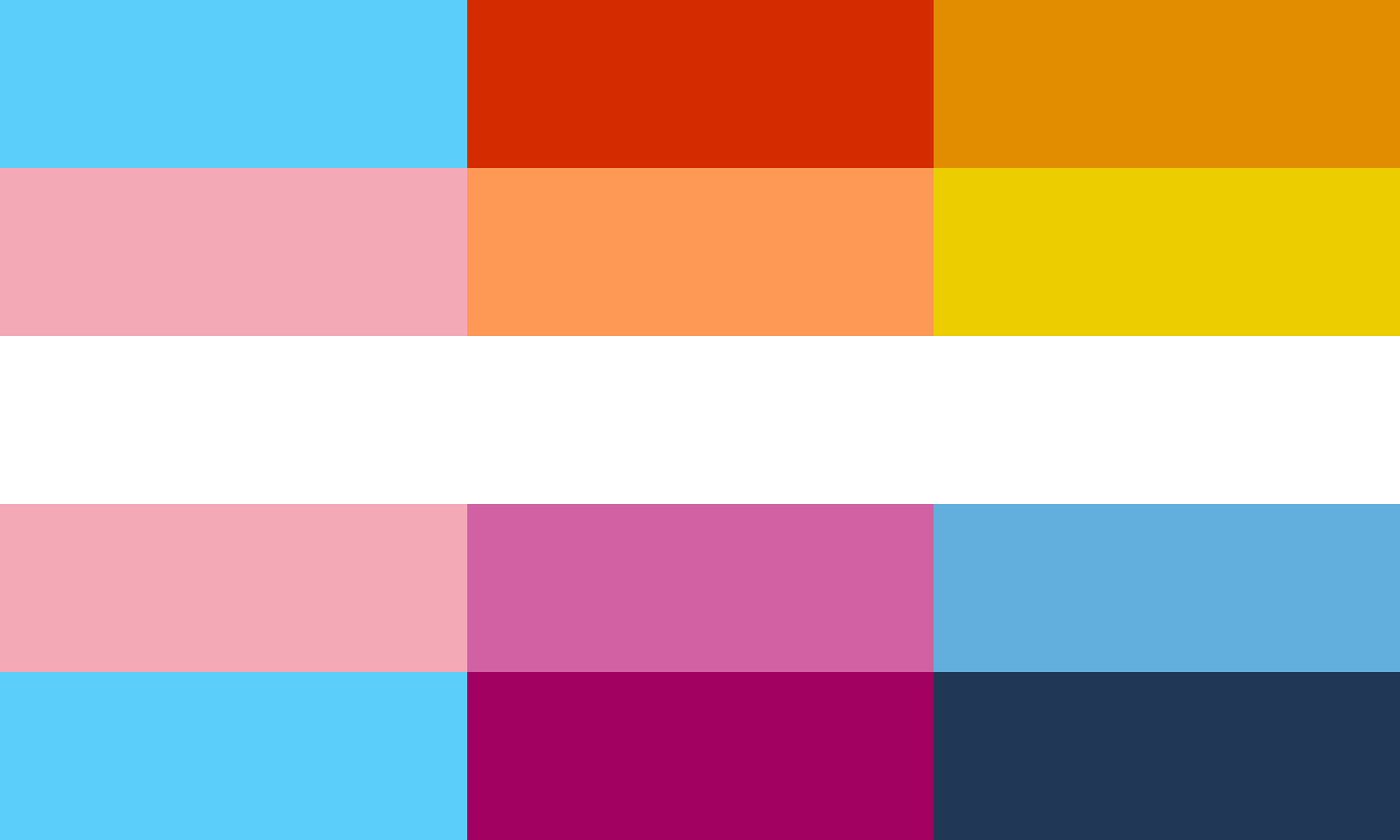 Trans, Lesbian, and Aroace flags joined together.